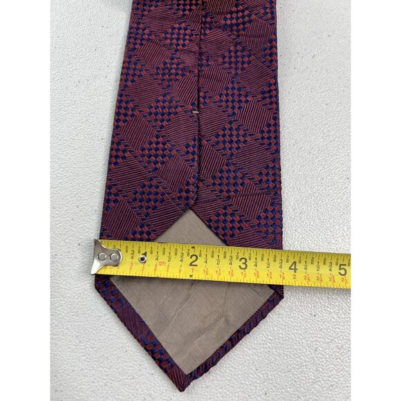Calvin Klein Blue and Burgundy Geometric Woven Pattern 100% Silk Tie - Picture 7 of 7
